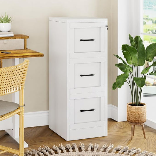 Small Metal 3-Drawer File Cabinet, Under-Desk Filing Cabinet, White | Locking, Adjustable Hanging Rail, Fit A4, FC, Letter, Hanging File Folders for Home Office Storage Organization, 1PS