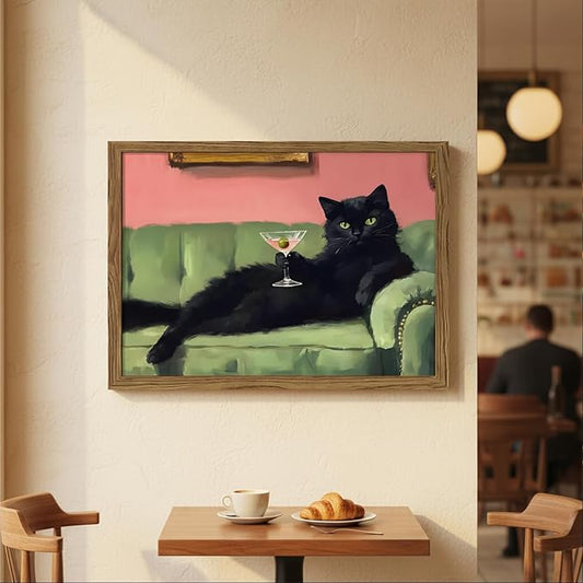 Black Cat Wall Art 12x16 Inch Funny Martini Cat Canvas Painting, Whimsical Cocktail Bar Wall Decor, Vintage Animal Artwork for Bar Cart, Kitchen, Living Room, Wood Framed