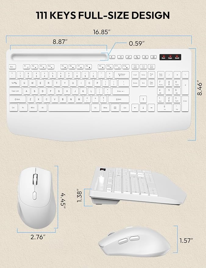 Wireless Keyboard and Mouse Combo - Full Size Ergonomic Wrist Rest, Silent Typing, Phone Holder, 2.4 GHz, 3 Level DPI, Batteries Powered, KM23D Set Compatible with PC, Laptop, Windows, macOS -SABLUTE