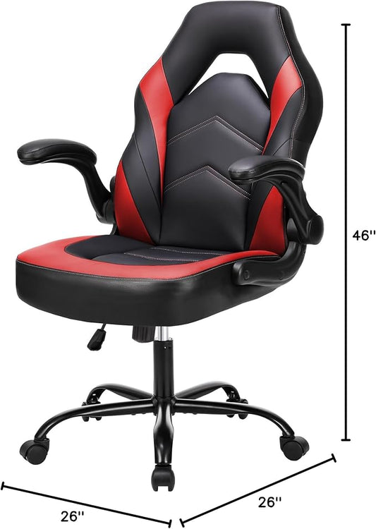 NEWBULIG Computer Gaming Desk Chair - Big Tall Ergonomic Lumbar Support with Flip-up Armrest and 360° Swivel Wheels, PU Leather Height Adjustable, for Home and Office, Red