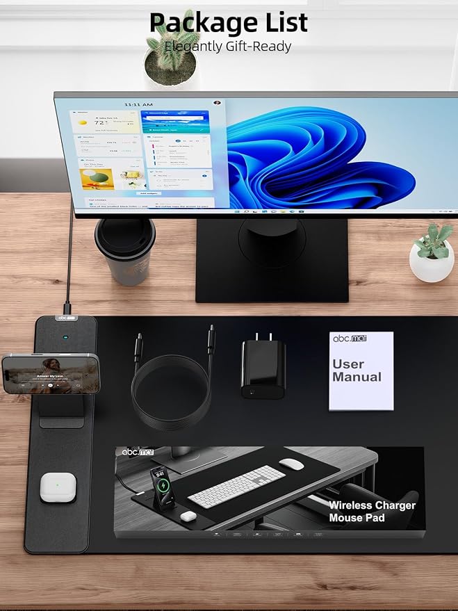 Wireless Charging Mouse Pad with Magnetic Phone Stand, 31.5"x15.8" Large | Waterproof Mousepad Desk Mat, Smooth Glide, Stitched Edge, Non-Slip Rubber Base, Computer Keyboard Mat, with Adapter