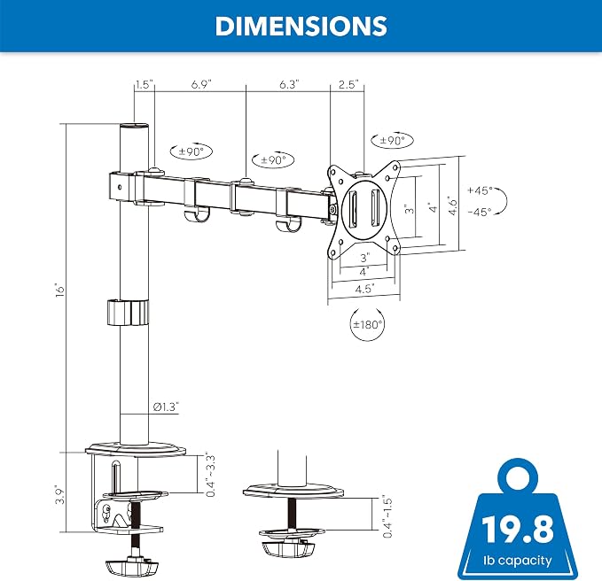 Mount-It! Single Monitor Arm Desk Mount for 17-32 Inch Screens, Holds up to 19.8 lbs, Height Adjustable Full Motion Stand, Steel, Clamp and Grommet Base, VESA 75x75 100x100, Cable Management, Black