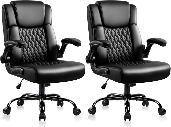 OFIKA Leather Office Desk Chair,Ergonomic Office Chair with Lumbar Support,Computer Chair,Executive Leather Chair with Padded Flip-up Arm,Adjustable Armrests, Black,275LBS,2 Pack