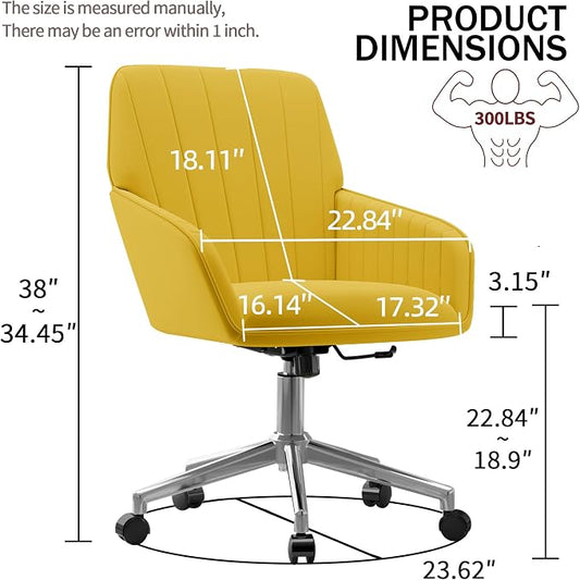YISHENG Velvet Office Desk Chair with Silver Base, with Wheels,Modern Height Adjustable 360 Degree Swivel Upholstered Vanity Chairs with Arms for Living Room Bedroom,Yellow