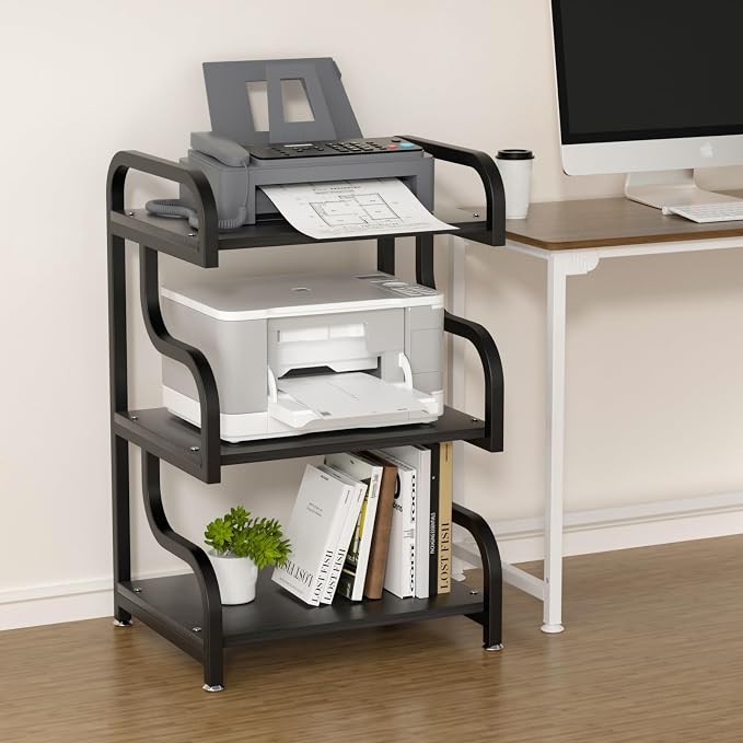 Printer Stand, 3-Tier Large Printer Stand with Durable Materials and Ample Storage Space, Printer Table for Home Office Organization, Black