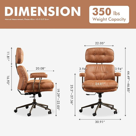 Brown Leather Home Office Chair, Ergonomic High Back Executive Chair with Deep Seat Thick Cushion, Mid Century Modern Big and Tall Computer Desk Chair with Lumbar Support (Light Brown Suede)
