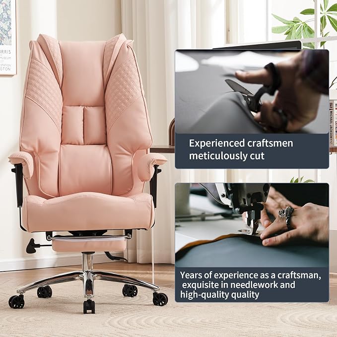 EXCEBET Big and Tall Office Chair 400lbs Wide Seat, Leather High Back Executive Office Chair with Foot Rest, Ergonomic Chairs Lumbar Support for Lower Back Pain Relief (Light Pink)