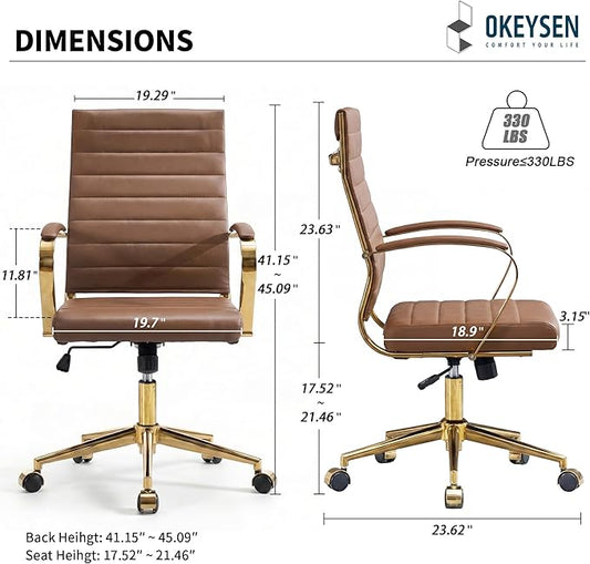 Okeysen Gold Office Desk Chair, Ergonomic Leather Modern Conference Room Chairs, Executive Ribbed Height Adjustable Swivel Rolling Golden Chair for Home Office.