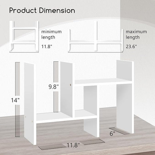 Jerry & Maggie Desktop Organizer Office Storage Rack Adjustable Wood Display Shelf Free Style Double H, Multi-Functional Mini Bookshelf for Desk Natural Stand (White)