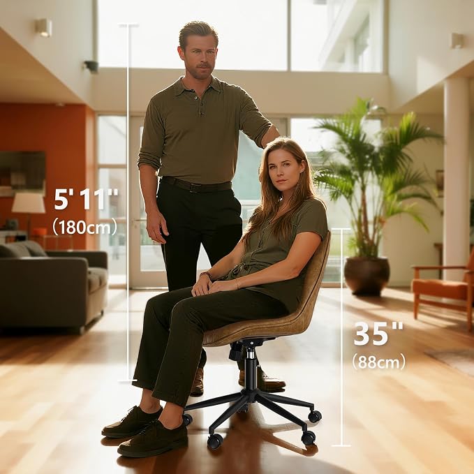 Armless Office Chair, Swivel Rolling Leather Desk Chair, Brown | Waterproof Upholstery, Padded Seat, 15° Relaxing Tilt, 330 LBS Capacity, for Bedroom Vanity and Computer Work