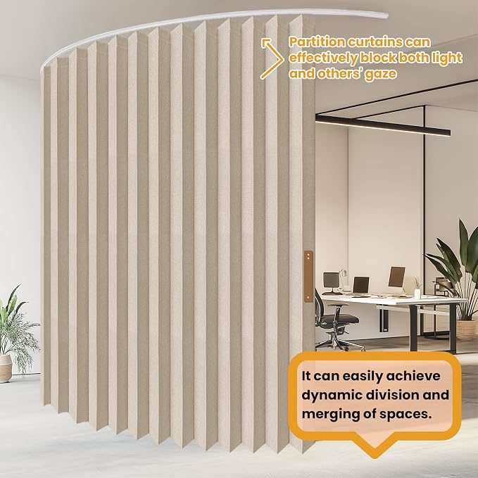 JILRON Accordion Folding Room Partition with Ceiling Track - Retractable Room Divider Curtain, Effortless Setup(Beige 100" W x 84" L-Pack of 1)