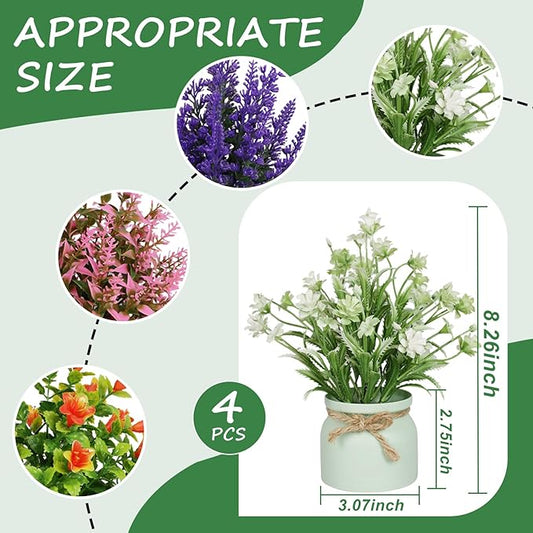 Yoratee 4pcs Artificial Pot Flowers Small Fake Plants with Pot Mini Potted Plants for House Office Tabletop Decoration
