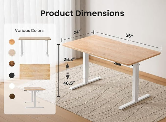 BANTI 55 × 24 Inches Standing Desk, Ergonomic, Electric Height Adjustable, Sit and Stand Up, Computer Office Desk with Splice Board, White Frame/Maple Top