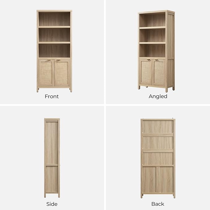 SICOTAS Bookcase 71" Tall Bookshelf 5 Tier Rattan Boho Bookcase with Doors Storage Large Book Case Shelf Farmhouse Bookshelves Library Book Shelves for Living Room Bedroom Home Office Kitchen