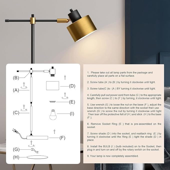 OYEARS 22.2" Modern Desk Lamp, Metal Table Lamp with LED Bulb, Adjustable Reading Lamps for Living Room, Mid Century Task Lamp for Home Office, Industrial Bedside Lamps with Solid Base,Black and Gold