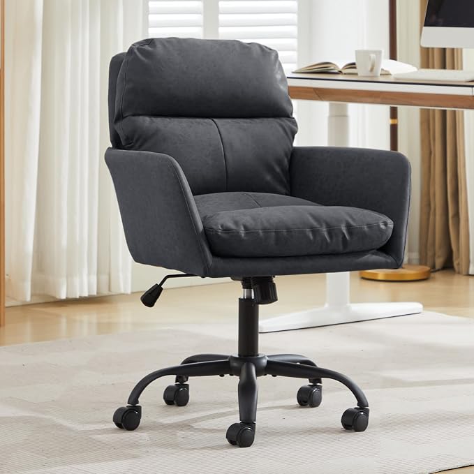 YITAI Adjustable Home Office Desk Chair with Comfy Square Mid-Back, Faux Leather 360 Swivel Upholstered Task Armchair with Wheels for Vanity Bedroom/Living Room,Study Black