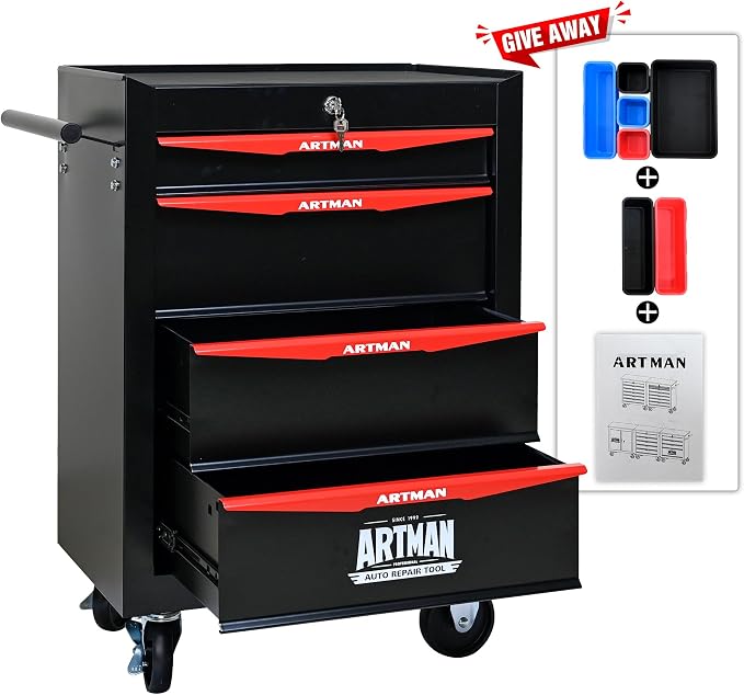 RYH 4/5/6/7 Drawers Rolling Tool Chest - Heavy Duty Mobile Tool Cart with Locking Wheels & Ball Bearing Drawers, 30.5" H x 20.9" W x13 D Garage Tool Storage Cabinet,Metal Tool Box (Black, 4 Drawers)
