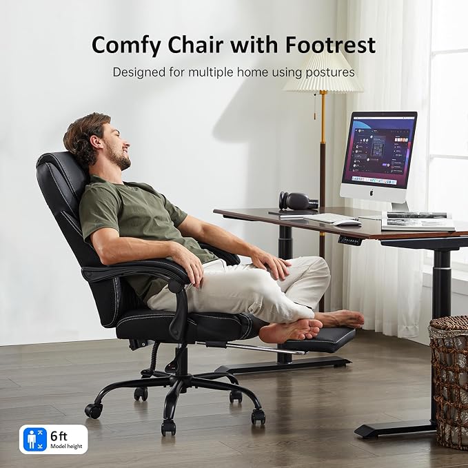 amseatec Big and Tall Office Chair with Footrest, Ergonomic Leather High Back Computer Chair Infinite Lock Reclining 90°-135°,20 Spring Packs,300lbs Executive Desk Chair for Home Office(Black)