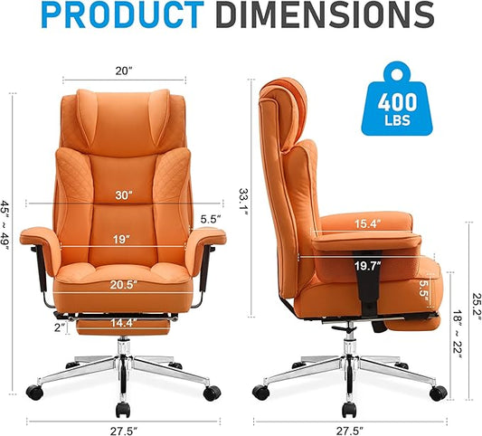 Big and Tall Office Chair, Leather Executive Ergonomic Desk Chair with Footrest, Comfy High-Back Computer Reclining Chairs with Lumbar Support (Orange)