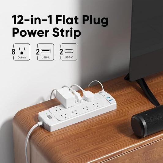 Flat Plug Power Strip, Yozisital Extension Cord with 8 AC Outlets & 4 USB Ports (2 USB-C), 5 FT Power Cord, Wall Mount, Desk Charging Station for Home Office, White
