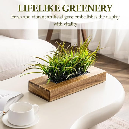 MyGift Large Artificial Green Grass Plants Potted in 14 Inch Premium Acacia Solid Wood Rectangular Planter Box, Decorative Tabletop Faux Greenery Centerpiece Décor