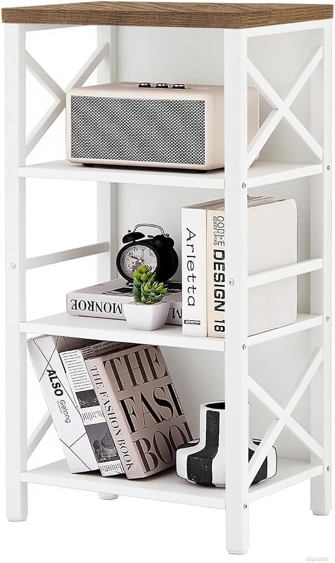 MNEETRUNG Small Bookshelf,4 Tier Industrial Bookcase with Metal Frame and Backboard,Narrow White Book Shelf,Book case for Small Spaces,Living Room,Bedroom and Home Office