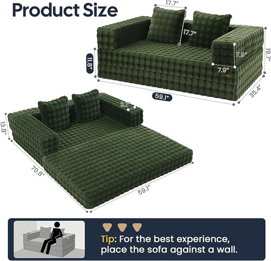 COMAX Futon Sofa Bed, 4‑in‑1 Convertible Sofa Bed, Folding Boneless Couches | Boneless Couch for living room, Fold Out Small Foldable Loveseat Floor Sleeper Mattress Lounge Space‑Saving, Classic Green