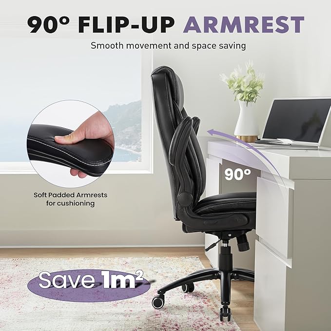400lbs Capacity Executive Desk Chair with Ergonomic Lumbar Support, Flip-up Arms & High Back Leather Computer Chair for Home/Office, Black