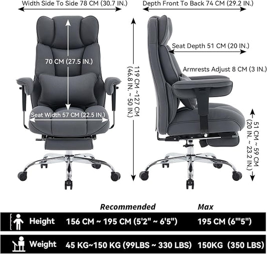 Efomao Executive Office Chair, Bluegrey Fabric Big and Tall Desk Chair | Breathable fabric, pocket spring & foam seat, retractable footrest, 135° recline for computer gaming setup