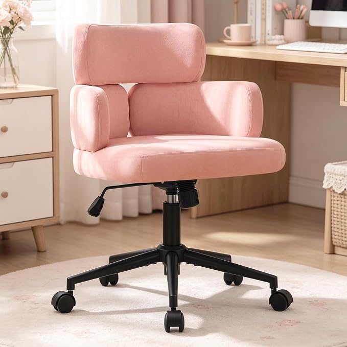 Home Office Chair with Unique Curved Back, Cute Pink Upholstered Wide Seat Desk Chair with Wheels,Swivel Tilt & Height Adjustable, Plush Velvet Fabric Matel Base for Home Office Vanity, Pink