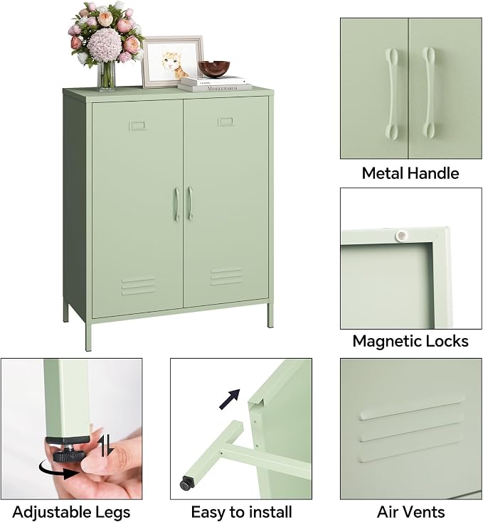 Steehoom Metal Cabinet with 2 Door, Metal Locker Storage Cabinet with Adjustable Shelves Accent Cabinet for Garage, Entryway, Office, School, Employees (Green, H35.43'')