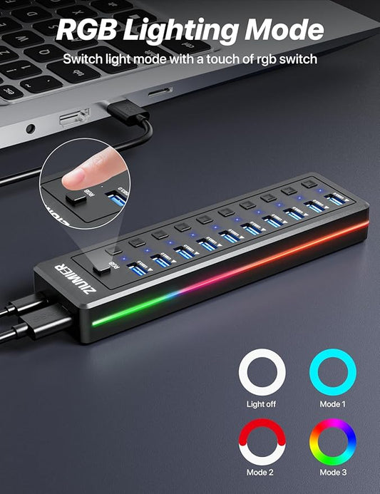 Powered USB Hub, 10-Port USB Splitter with RGB LED Strip | 5Gbps Data Transfer,Individual LED On/Off Switches and 12V/2A Power Adapter for Laptop, PC, Mouse, Keyboard, Hard Drive