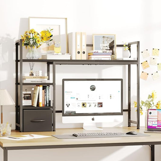 Desk Shelf with Drawer, 41.3" Desktop Organizer Shelf, Desk Hutch for Computer Monitor Max 32", 3 Tier Desktop Display Rack, Wooden Desk Top Bookshelf Storage Rack for Home Office Dorm, Black