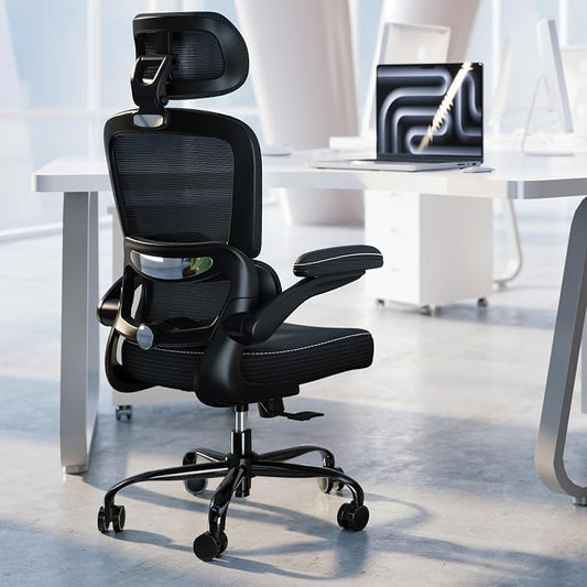 TRALT Ergonomic Office Chair - Desk Chair with Adjustable Headrest Lumbar Support Computer Chair - Mesh Comfy Chair with Flip-up Armrests - Gaming Chair for Adults Home Office PU, Black, Pack of 8