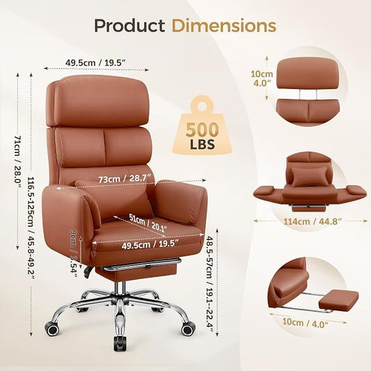 Big and Tall Office Chair 500LBS, Ergonomic High Back Leather Executive Chair, Reclining Swivel with Adjustable Armrests Lumbar Support Footrest, Cross Legged, Brown