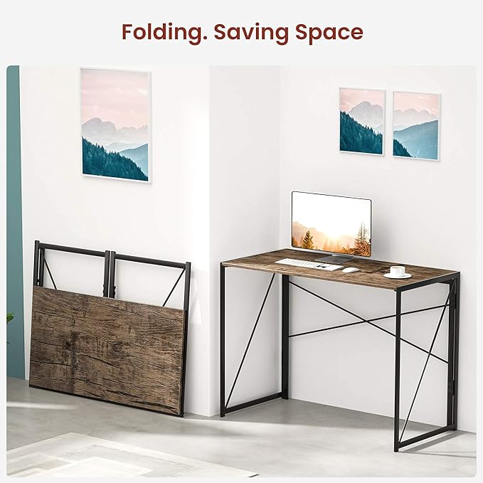 Garden Elements Modern Small Folding Computer Desk, Portable, Space-Saving Home Office Desk with Sturdy Metal Frame, Brown, 39"