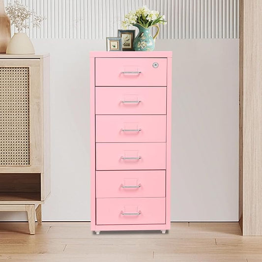 6 Drawer Vertical File Cabinet with Lock, Metal Movable Office Storage Cabinet, Under-Desk File Cabinet with Wheels, for Home Office Use (Pink)