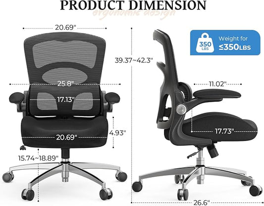 Ergonomic Office Chair - Adjustable Lumbar Support | 350lbs Big & Tall Heavy Duty Mesh Comfy Chair with Flip-Up Arms Gaming Chairs for Adult Home and Business