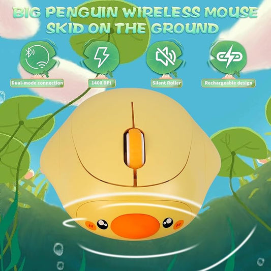 Cute Duck Bluetooth Wireless Mouse -Rechargeable,Dual Mode Connection, Silent Scroll Wheel, 1600 DPI - Perfect for Laptops, PCs, and Tablets (Yellow)