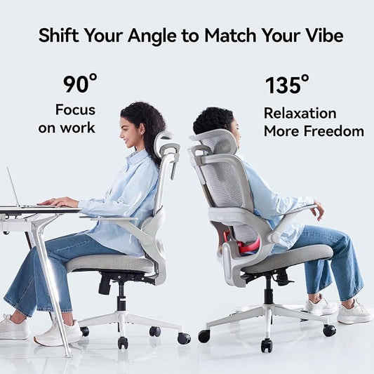 SIHOO B100 SE Office Chair, Desk Chair with Adaptive Lumbar Support & 2D Flip-up Armrests, 135° tilt Soft Memory Foam Erogonomic Chair for Home Office,Hold 300 LBS-White