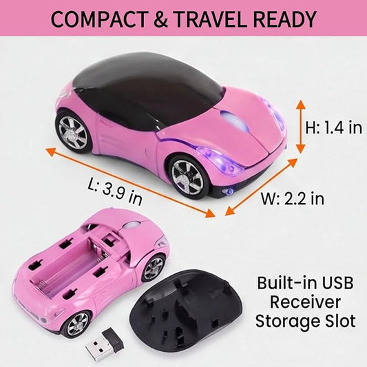 Pink Wireless Car Mouse, 2.4G Optical with USB Receiver, 1600DPI Mini Mouse, Compatible with Windows XP/Vista/7/ME/2000 & Mac OS, for PC/Laptop/Tablet, Women Girls Office