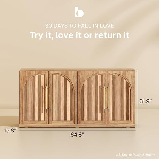 BELLEZE 65" Kitchen Storage Cabinet with Adjustable Shelves,Freestanding Accent Cabinet with Fluted Arched Design & Gold Handles,Modern Credenza for Living Room,Dining Room,Entryway - Camel