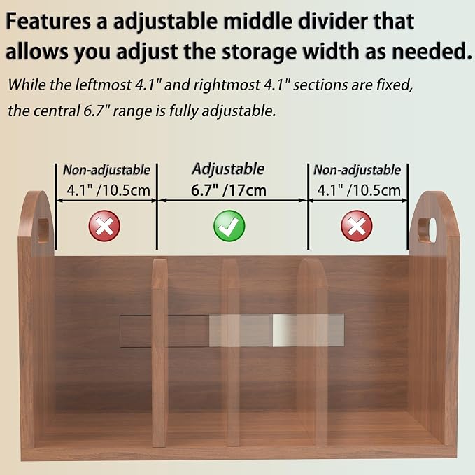Wood Desktop Bookshelf, Upright Tabletop Book Shelf With Adjustable Divider Secure Books in Place, Desk Shelf for Top of Desk in Living Room Home Office, Perfect for Books Magazine File (Walnut Brown)