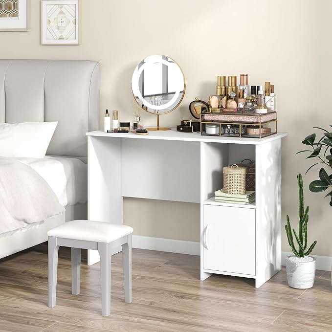 COSTWAY 42” White Home Office Desk, Modern Computer Workstation with Open Compartment & Cabinet, Compact Writing Desk with Cable Holes for Bedroom, Study Room, Dorm
