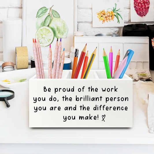 Inspirational Office Pen Pencil Holder Organizer for Desk, Thank You Appreciation Gifts for Women Men, Inspirational Gifts Wooden Box Sign for Home Office Desk Tabletop Decorations