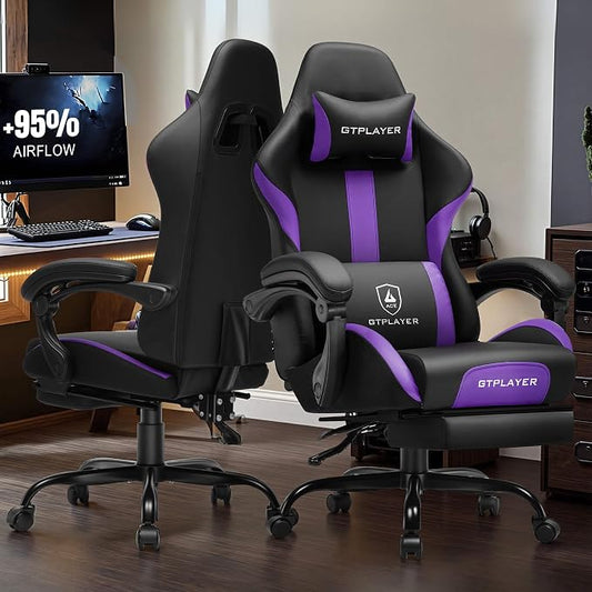 GTPLAYER Gaming Chair with Pocket Spring Cushion, Leather Office Chair with Ergonomic High Back & Lumbar Support for Back Pain Relief, Computer Game Chair for Adults, Purple/Black