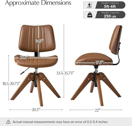 HULALA HOME Faux Leather Home Office Chair with Solid Wood Legs, 360° Swivel Desk Chair No Wheels with Bentwood Design, Mid-Century Modern Wide Seat Computer Task Chair, Camel