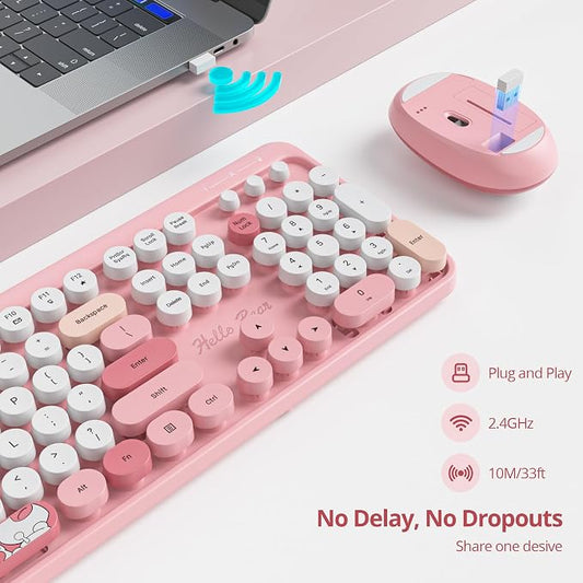 GTSP Pink Typewriter Keyboard Wireless Mouse Combo, Cute Keyboard 2.4G Office Full-Sized Retro with Round Keycaps for Laptop PC Desktops(Pink)