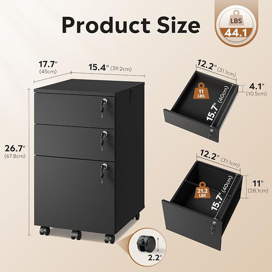 DEVAISE 3 Drawer File Cabinet with Individual Locks, Wood Filing Cabinet for Home Office, Mobile Printer Stand with Wheels, Under Desk Storage for Letter/A4/Legal Size, Black
