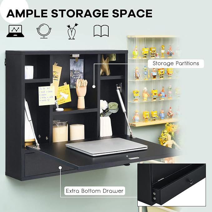 Tangkula Pneumatic Floating Desk - Wall Mounted Laptop Desk with Magnetic Foldable Tabletop, Space Saving Table with Storage Drawer and Shelves (Black)